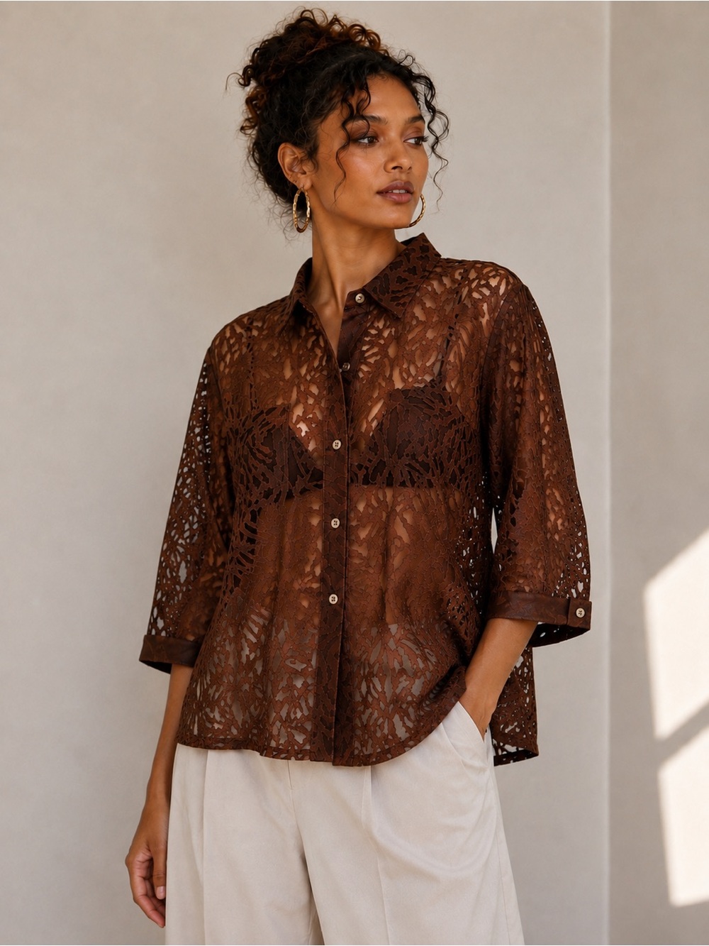 Vintage Brown Lazer Cut Animal Print Button Down Top Size M
